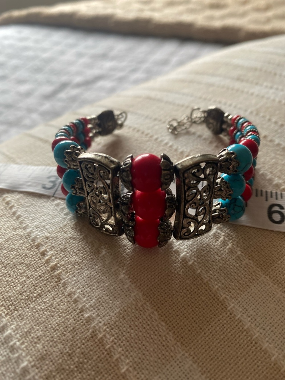 Red and Turquoise Beaded Filigree Bracelet - Women's Jewelry